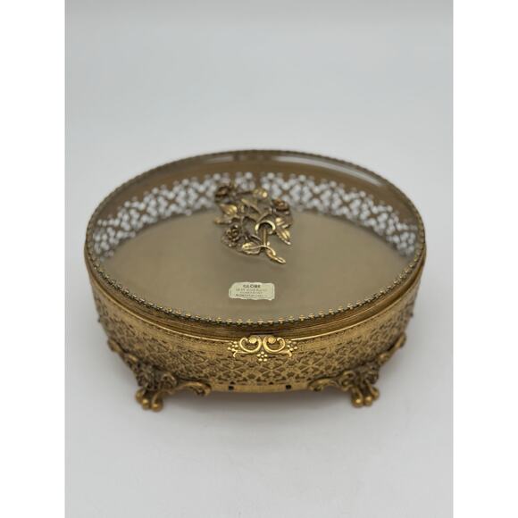 Hollywood Regency Gold Filigree Oval Trinket Box Rose Feet And Lid Decoration - Picture 1 of 8